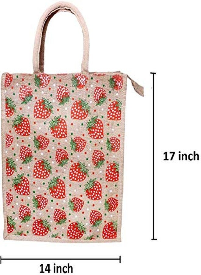 FLIHAUT® Eco-Friendly Reusable Pack of 2 Unisex Printed Multipurpose Grocery, Shopping, Daily use Lunch Tiffin, Zipper Strawberry Print Jute Bags - 14" L x 6" W x 17" H - Image 4